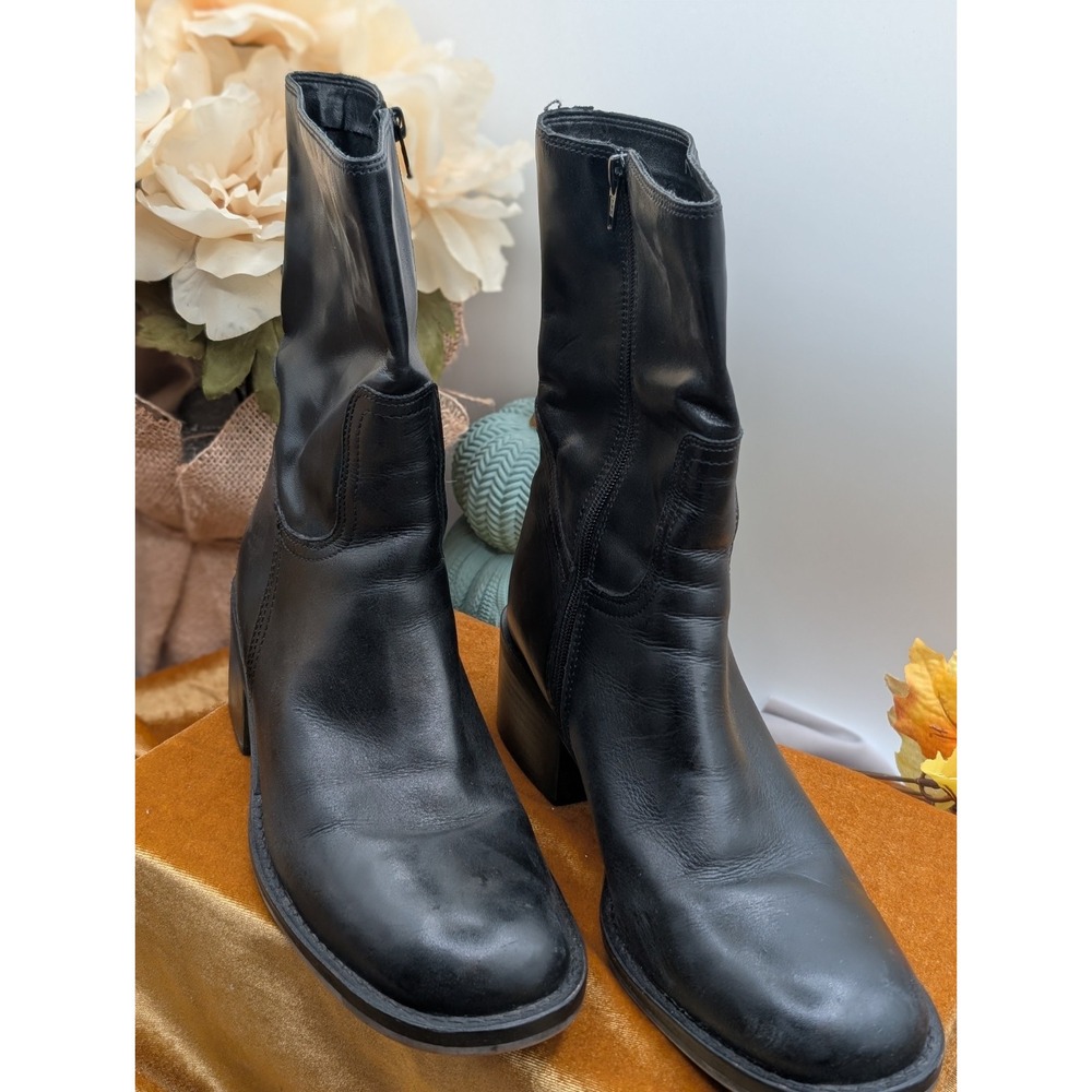 Nine West Black Leather Mid-Calf Boots 8.5 NWBATTALION Minimalist Y2K Goth 90s